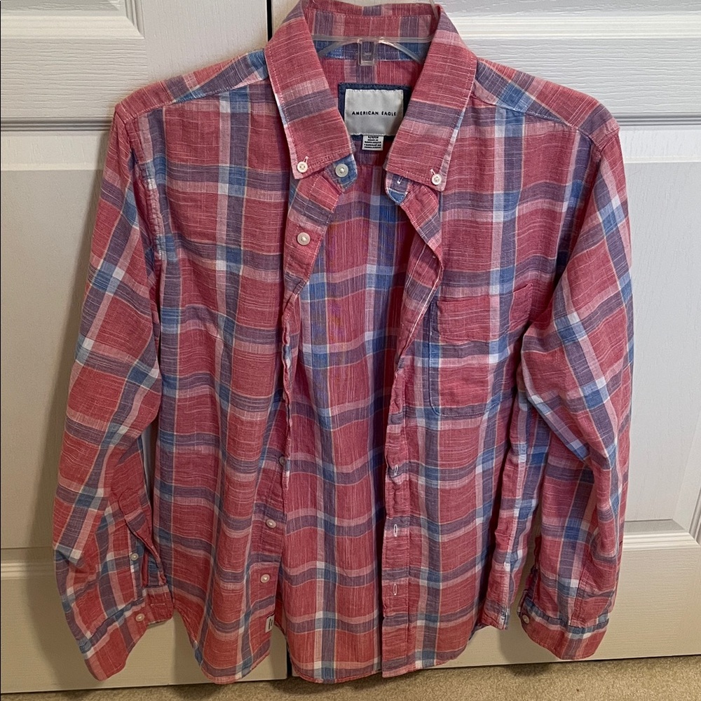 American Eagle Outfitters Pink and Blue Plaid Button-Down Shirt